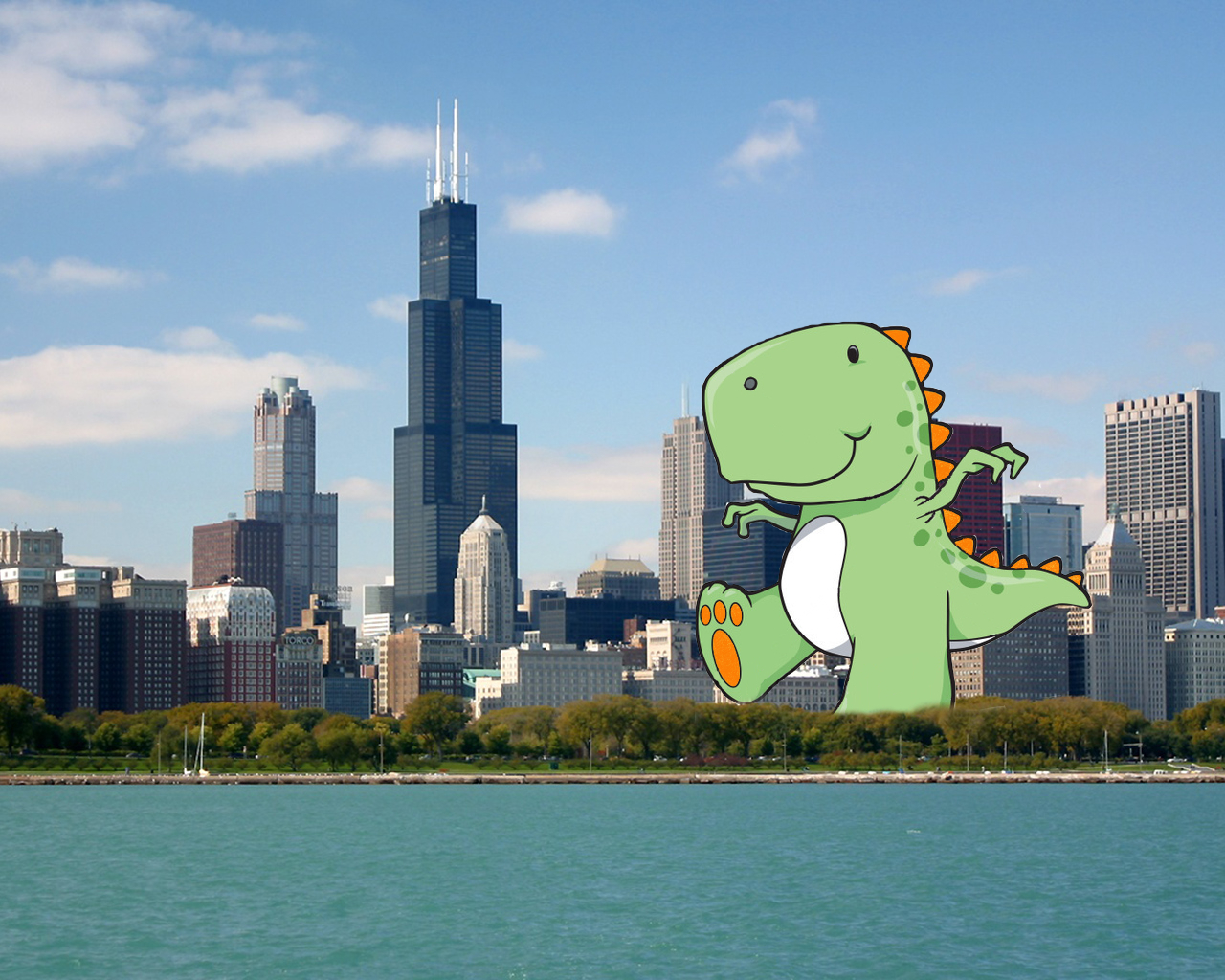 Dinosaur in Chicago skyline