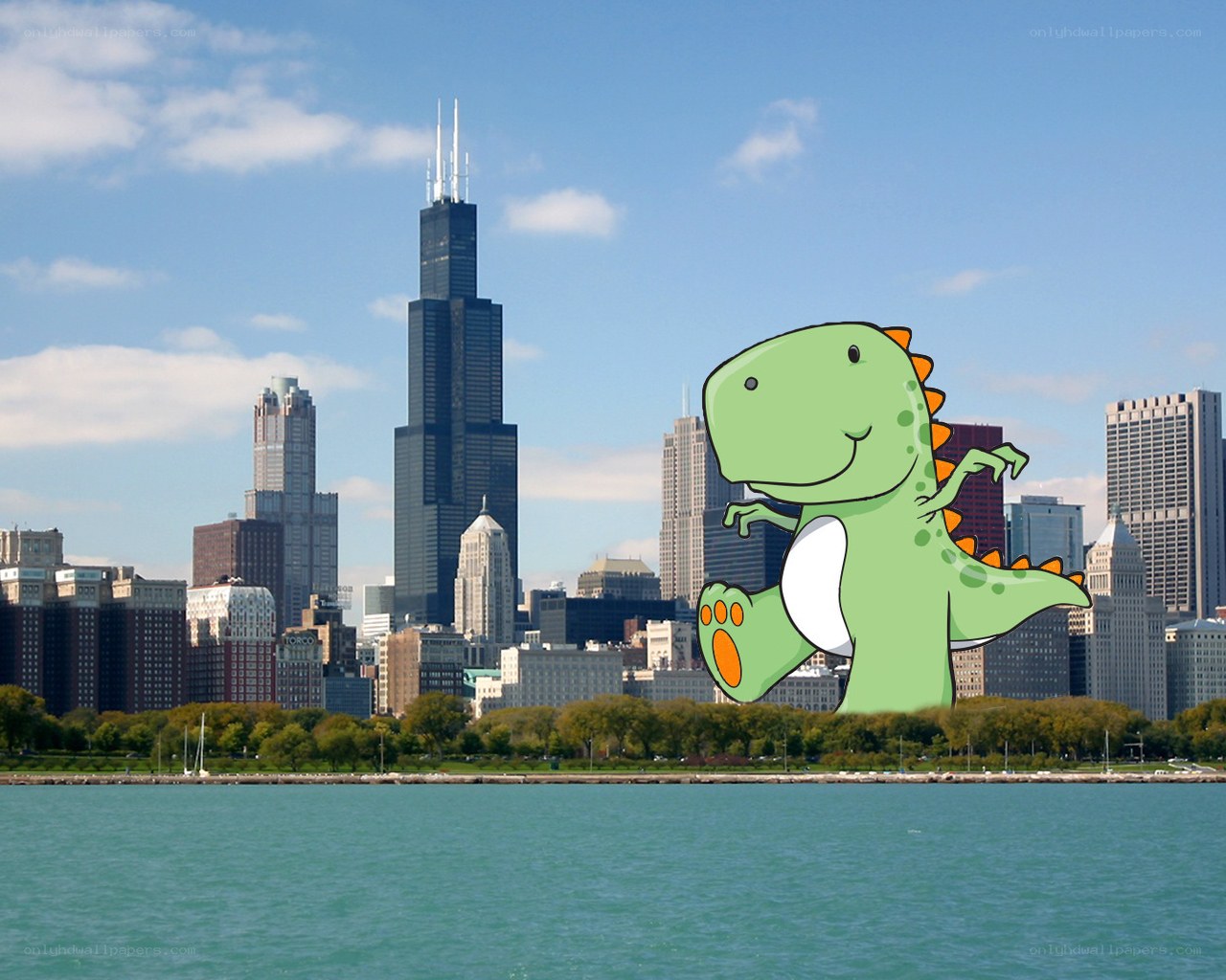 Dinosaur in Chicago skyline