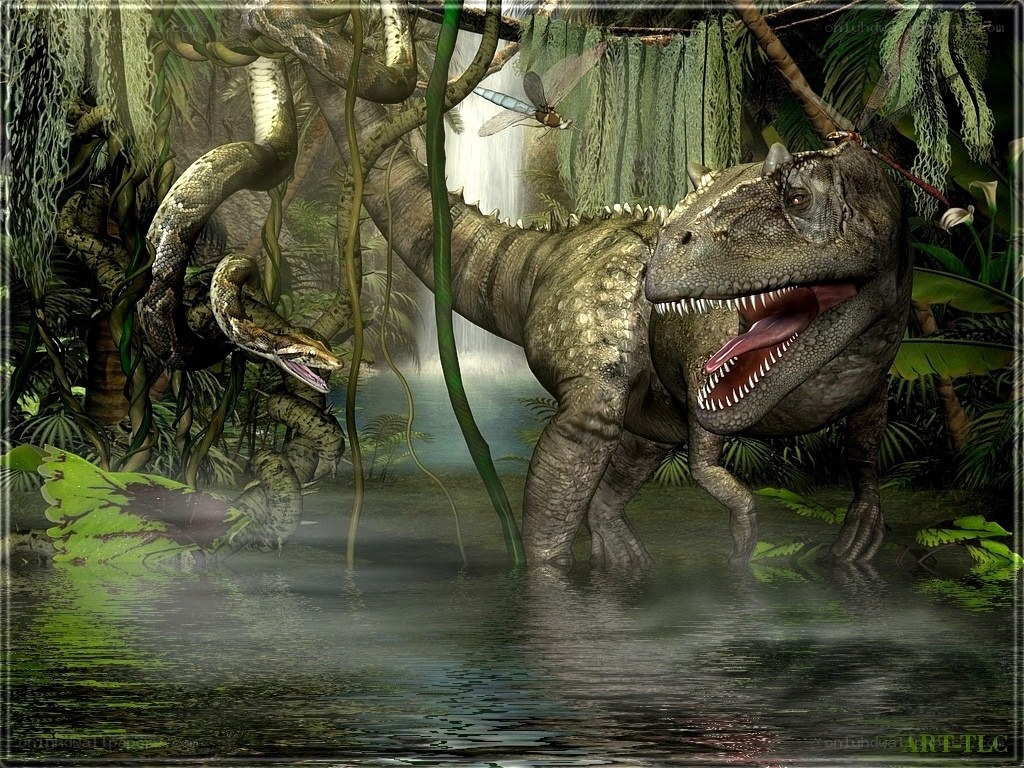Dinosaur in jungle swamp