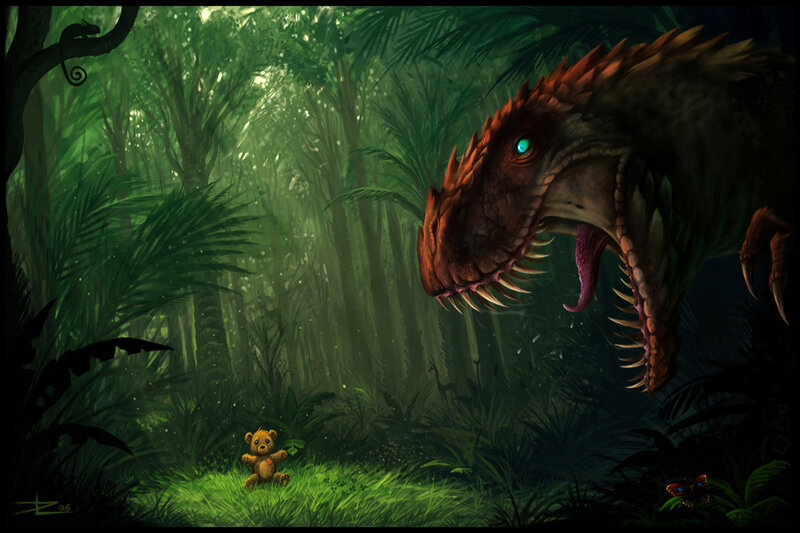 dinosaur in jungle with teddy bear