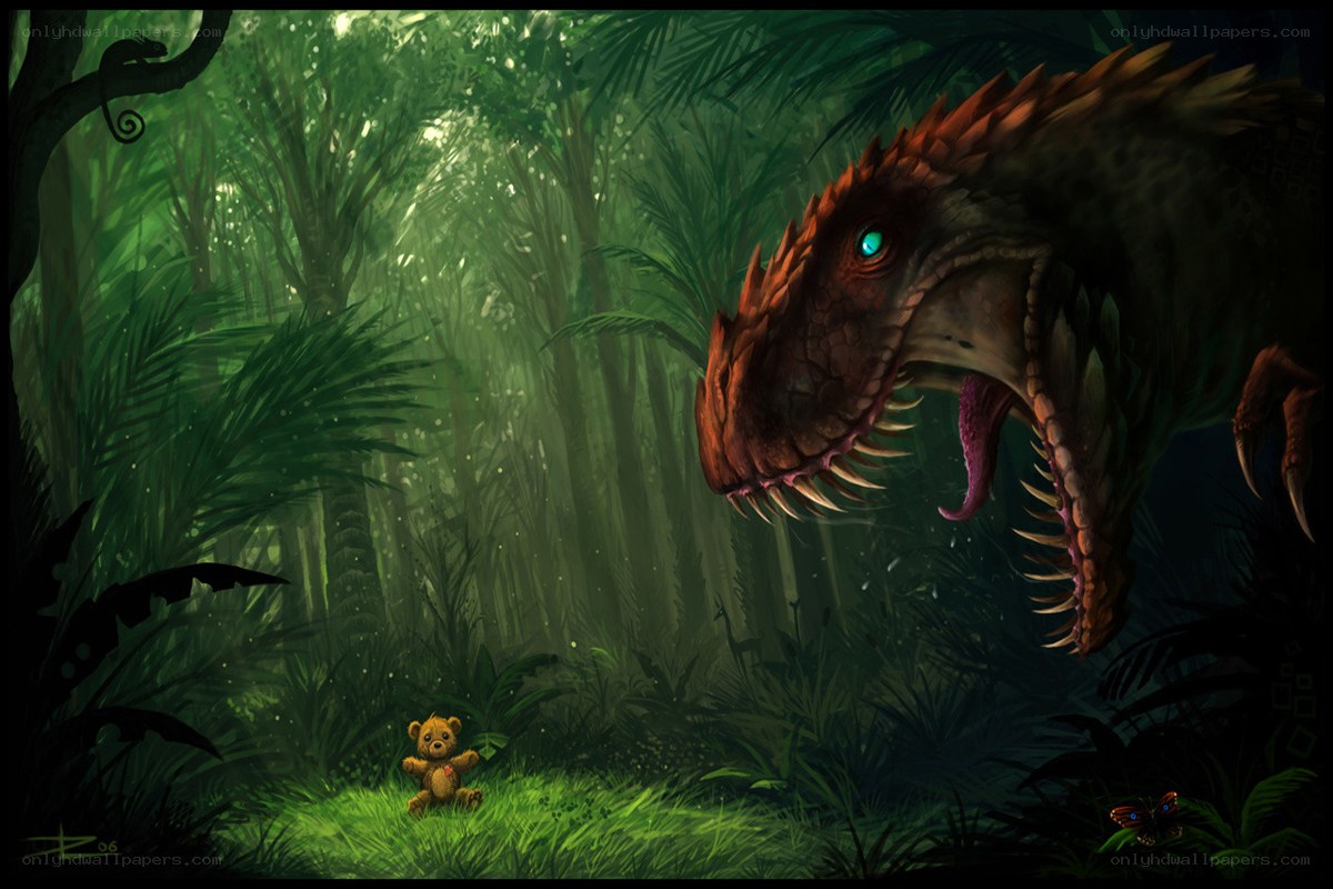dinosaur in jungle with teddy bear