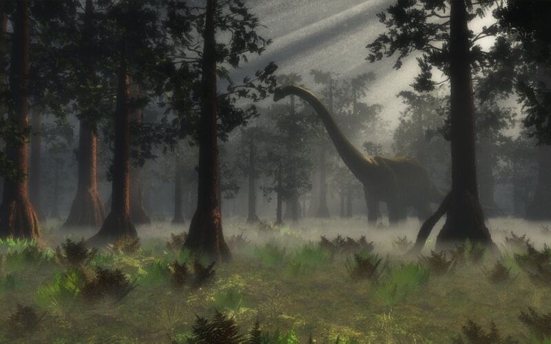 Dinosaur in misty forest