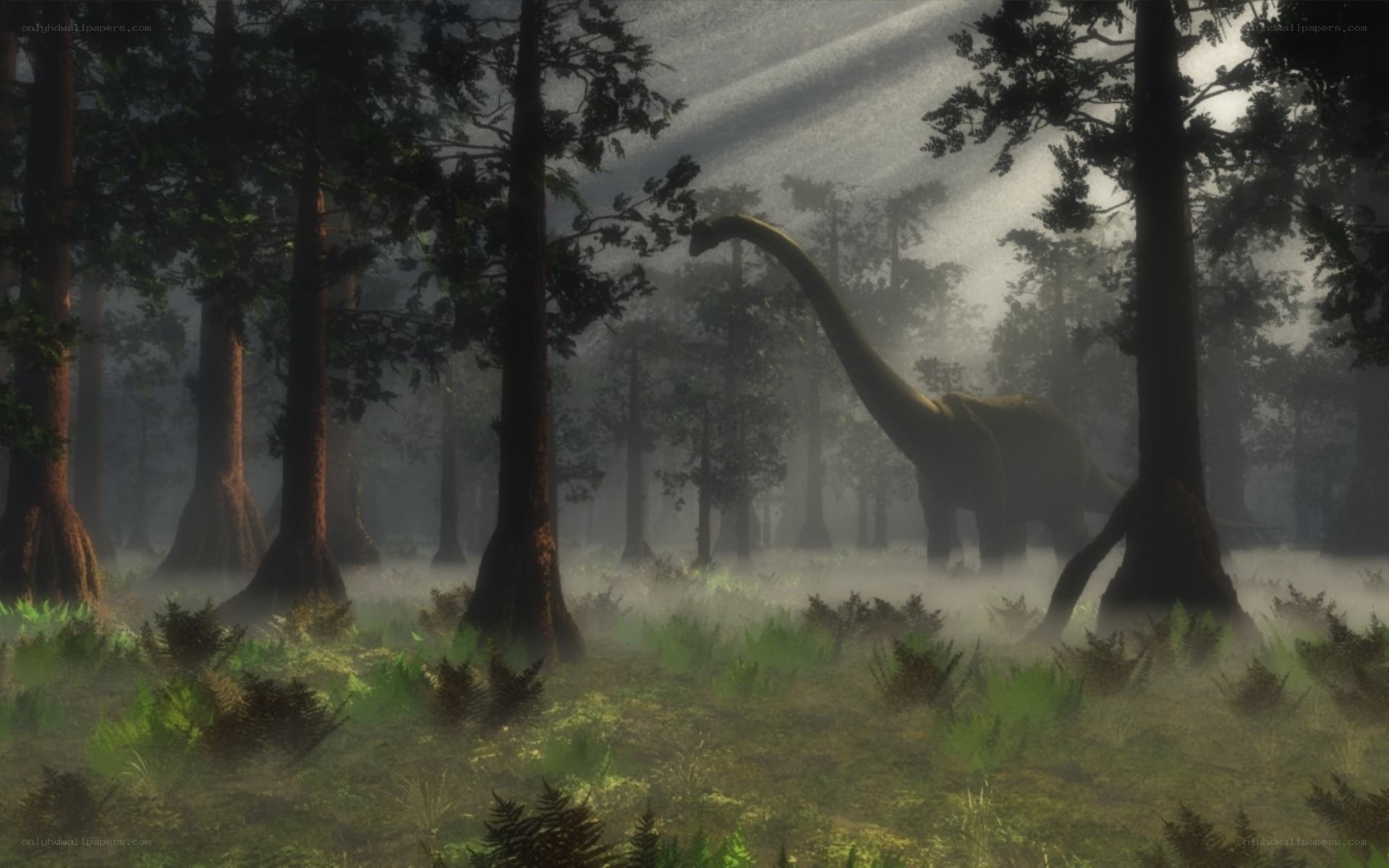 Dinosaur in misty forest