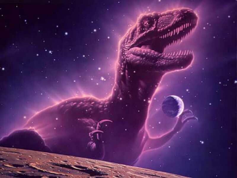 Dinosaur in space holding a planet