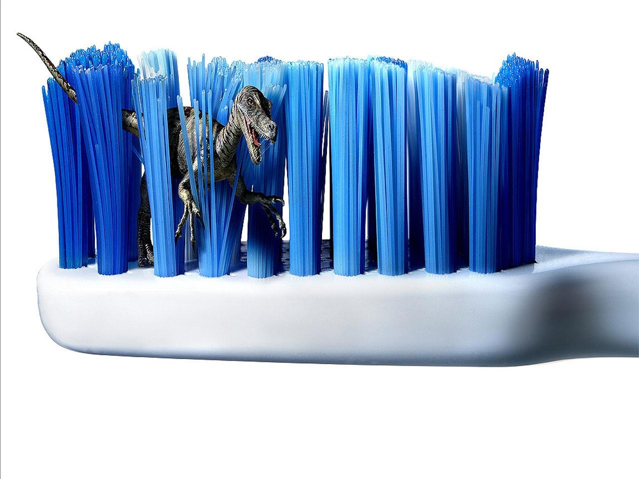 Dinosaur in toothbrush bristles