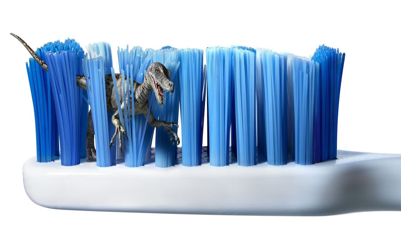 Dinosaur in toothbrush bristles