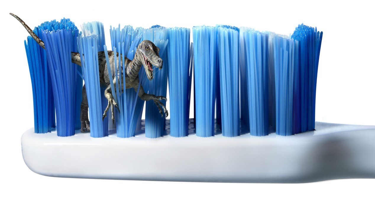 Dinosaur in toothbrush bristles