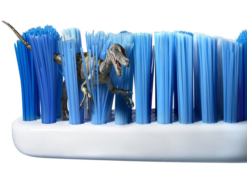 Dinosaur in toothbrush bristles