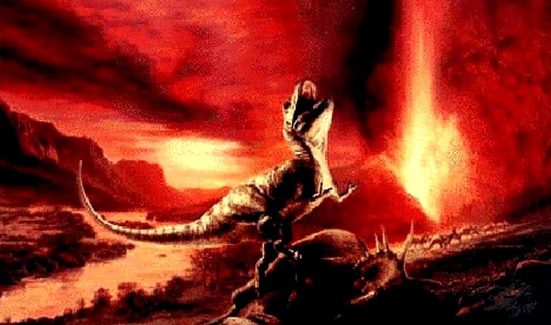 Dinosaur in volcanic landscape