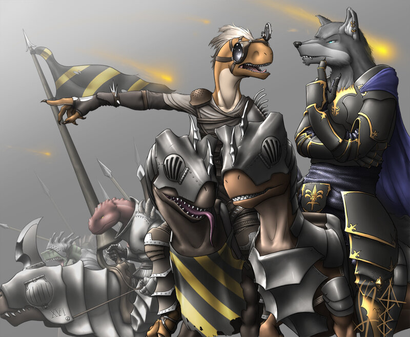 dinosaur knights in battle