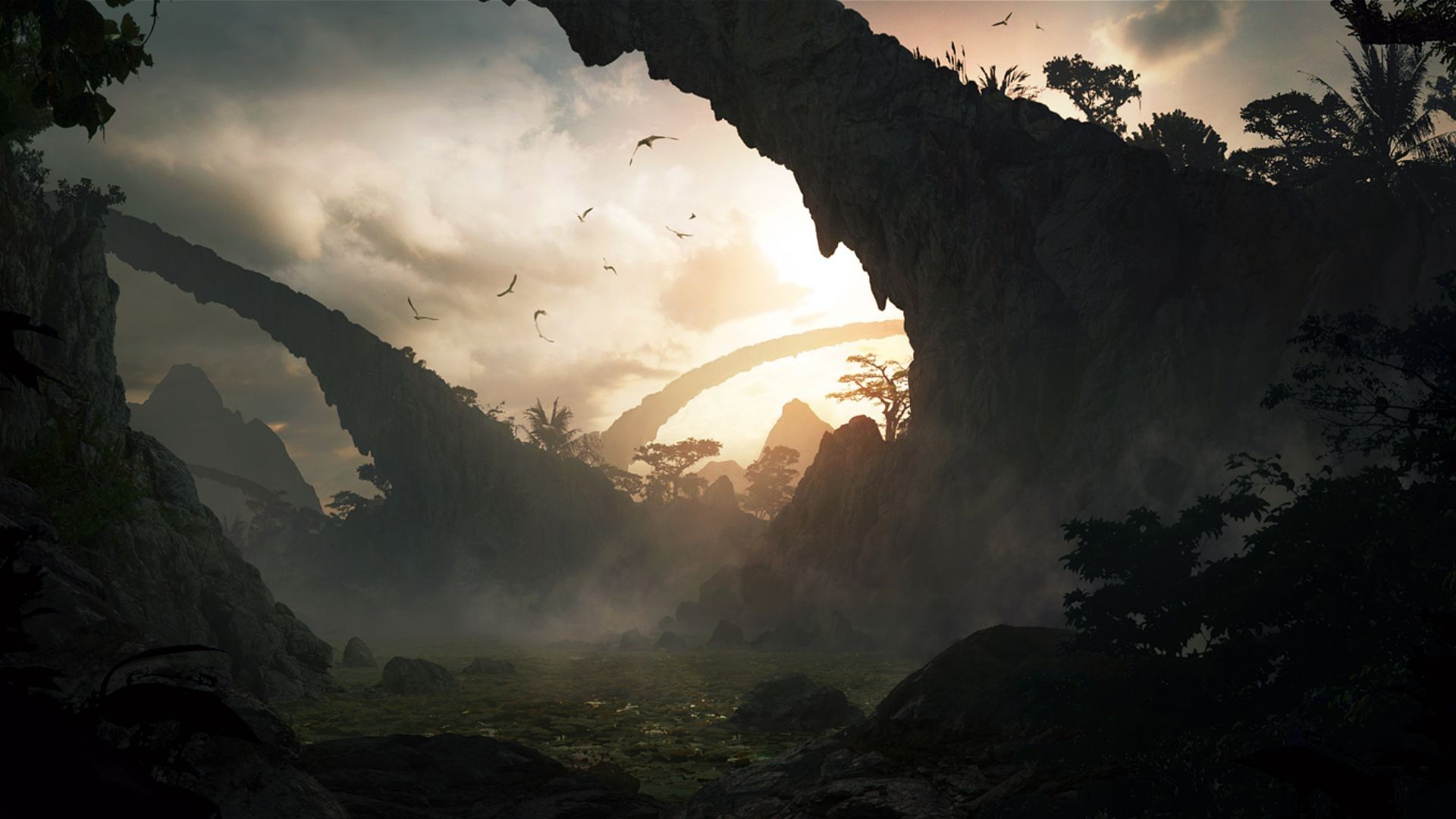 dinosaur landscape at sunset