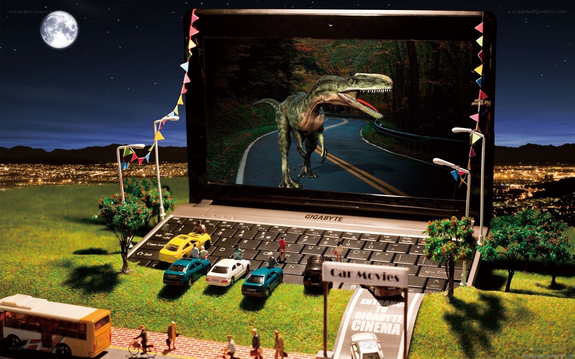 Dinosaur movie in a laptop cinema