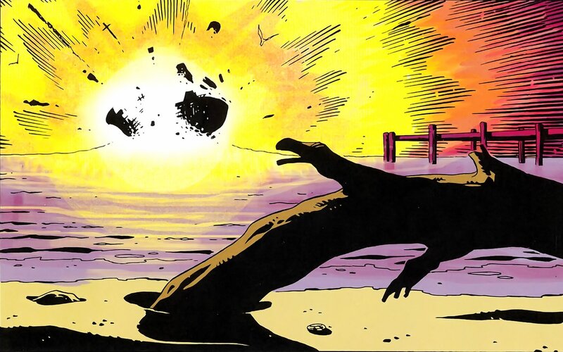 Dinosaur on a beach at sunset