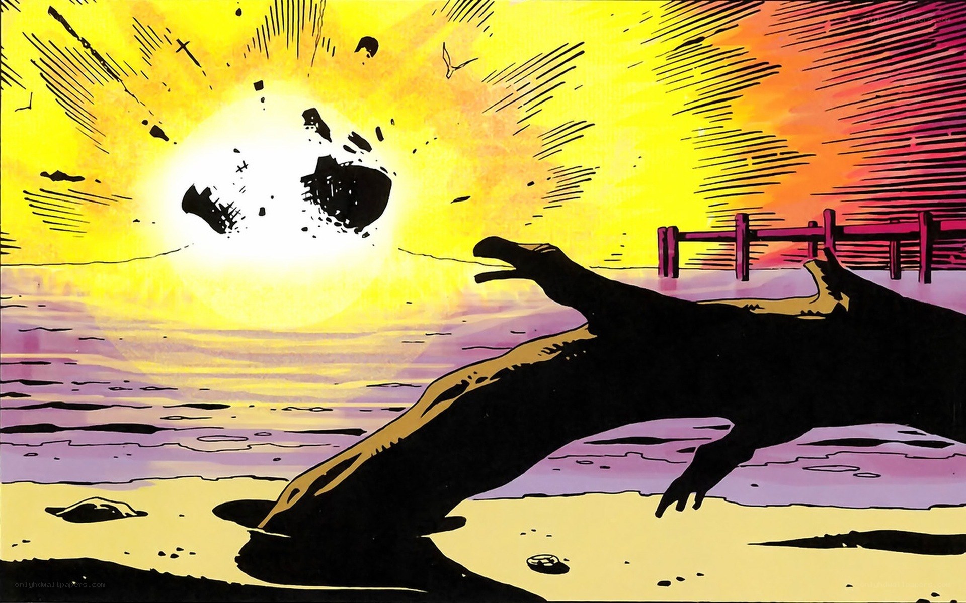 Dinosaur on a beach at sunset