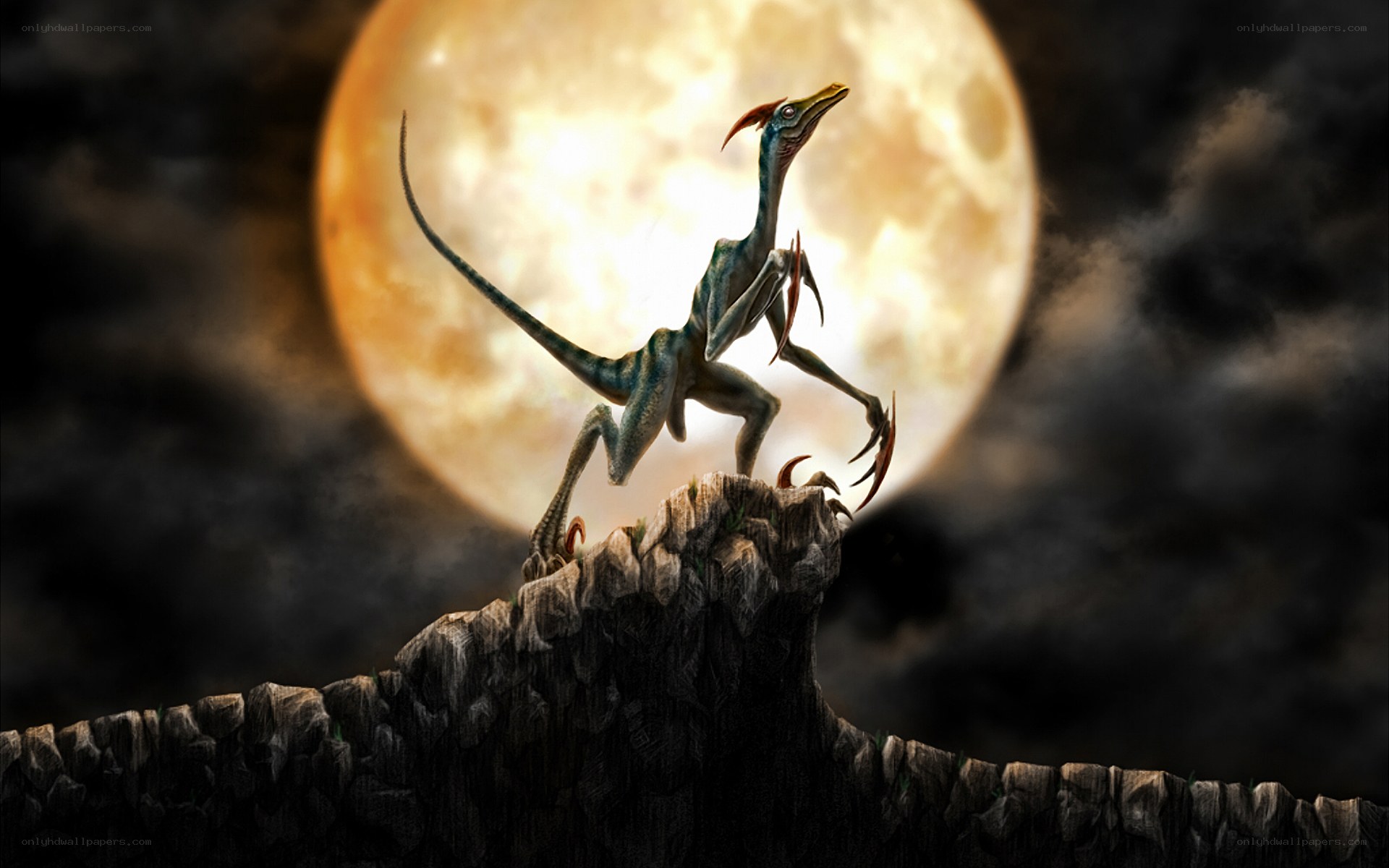 Dinosaur on a cliff at night