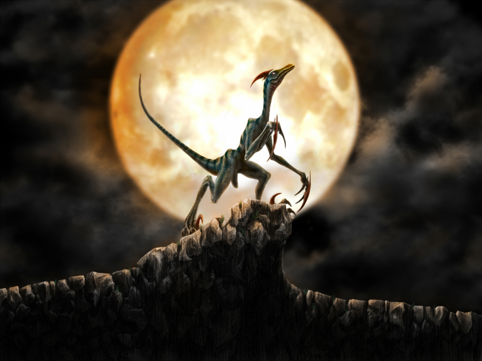 Dinosaur on a cliff at night