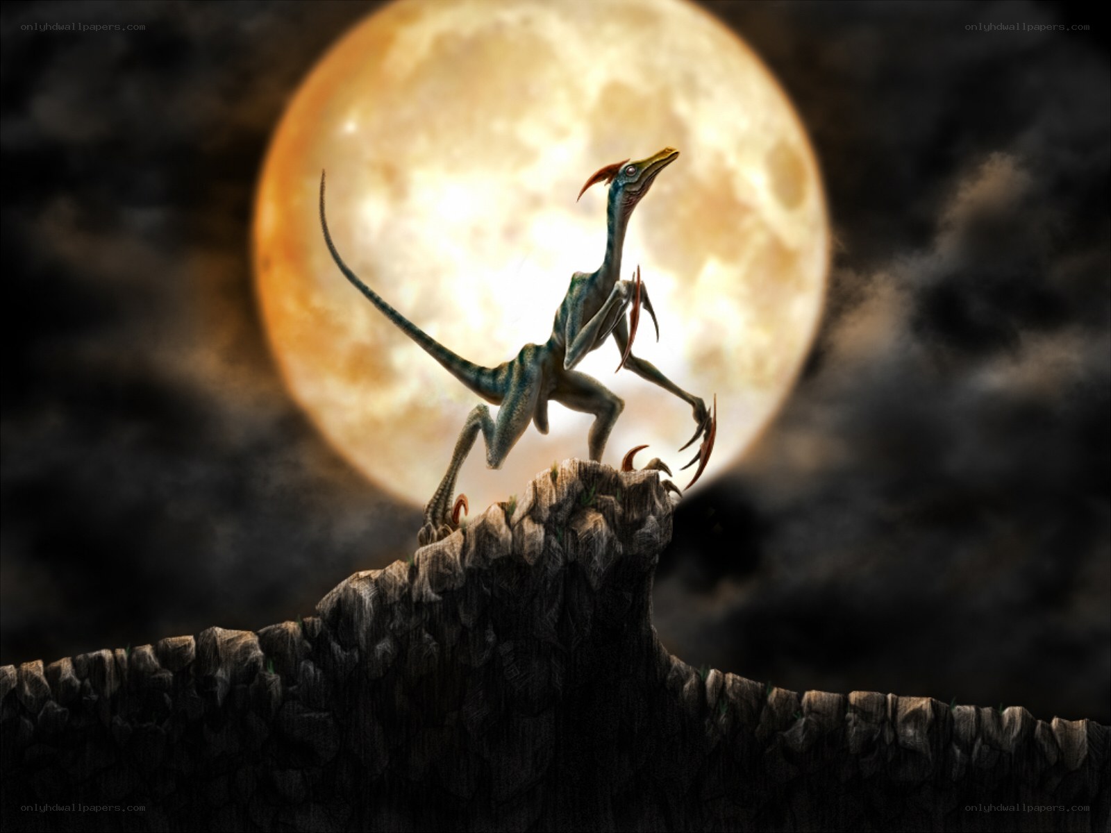 Dinosaur on a cliff at night