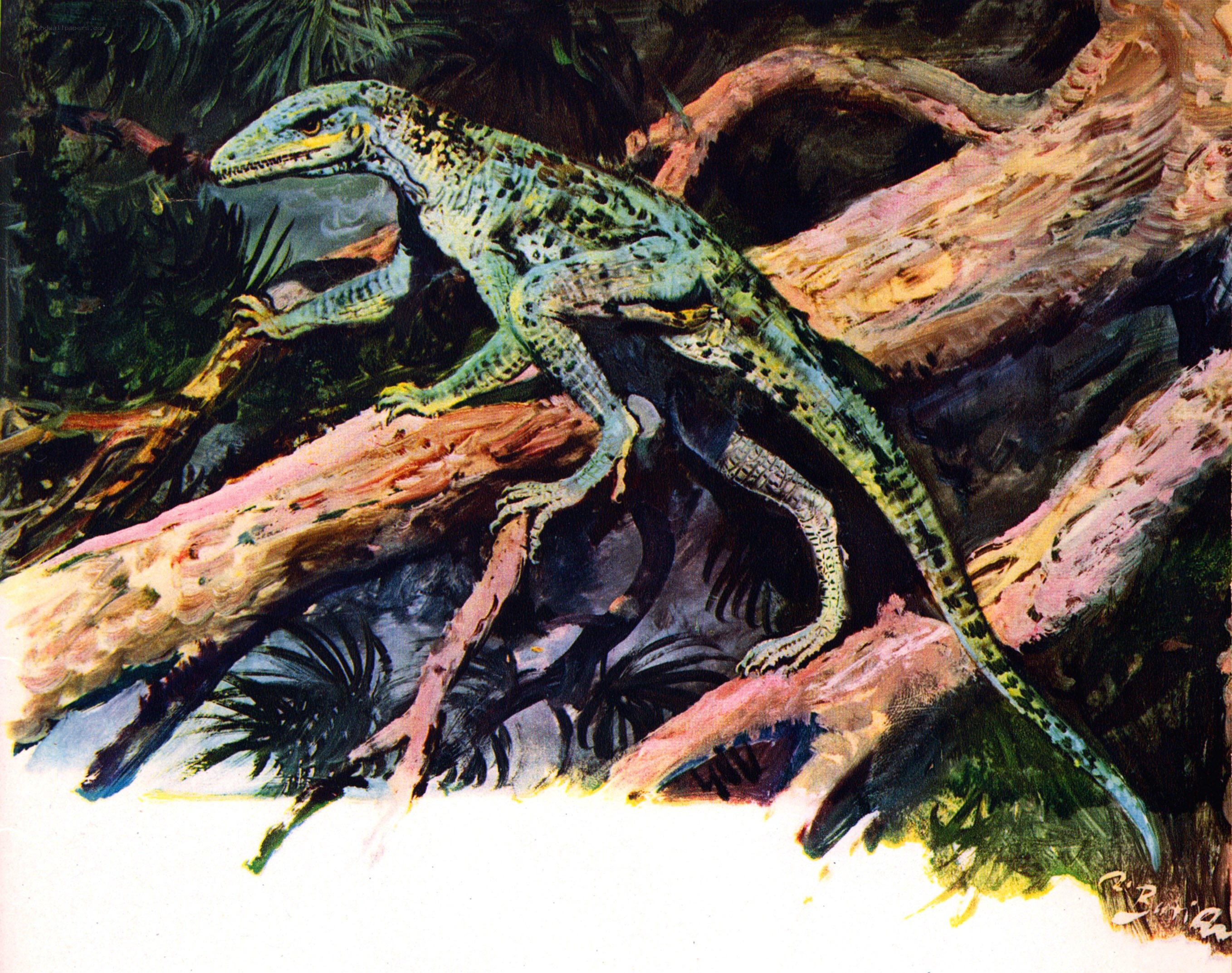 Dinosaur on a fallen log