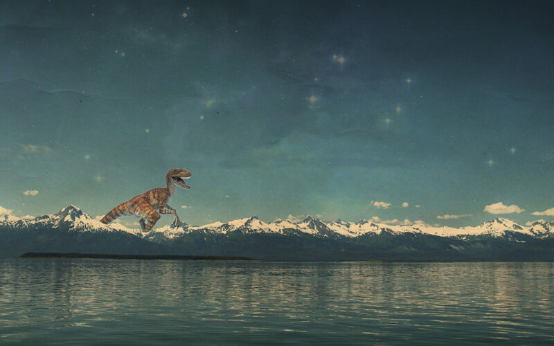 Dinosaur over a lake at night