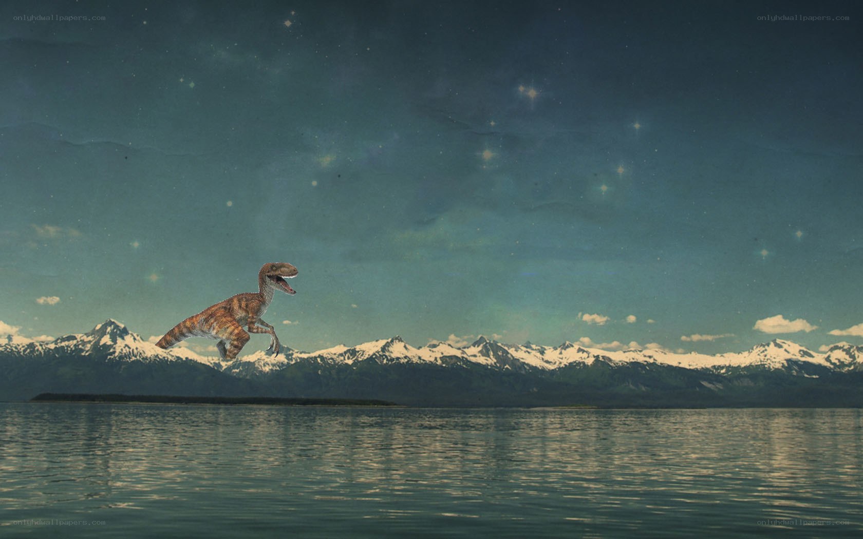 Dinosaur over a lake at night