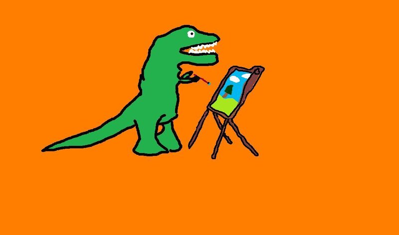dinosaur painting a landscape