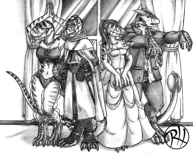dinosaur people in formal wear