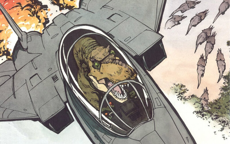 dinosaur pilot in a jet