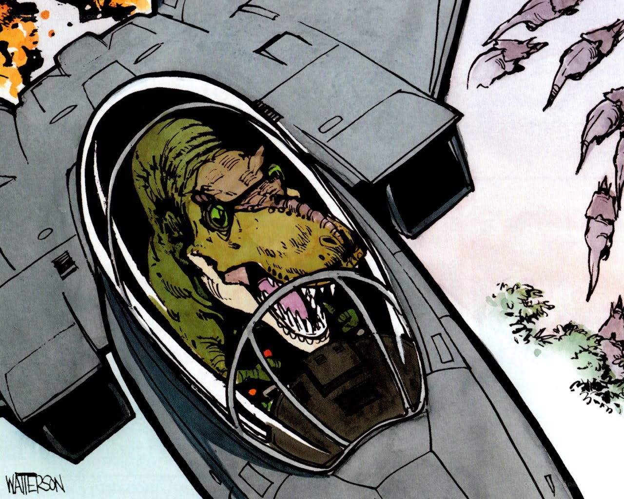 dinosaur pilot in cockpit