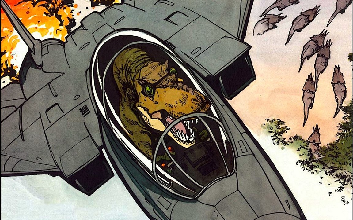 dinosaur pilot in fighter jet