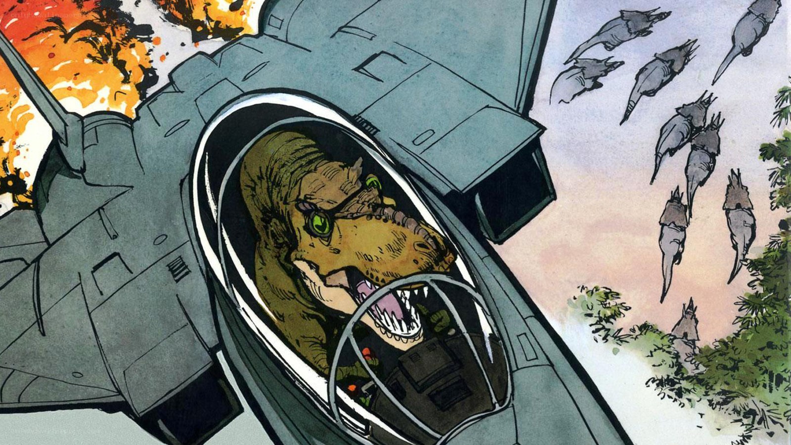 dinosaur pilot in fighter jet