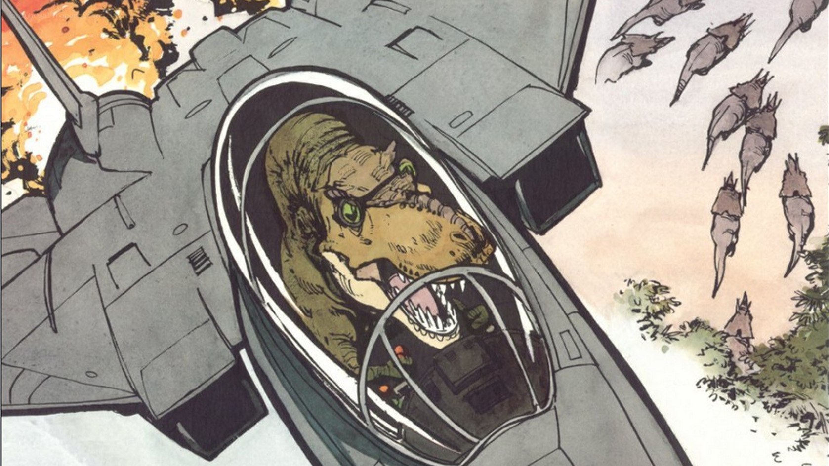 dinosaur pilot in fighter jet