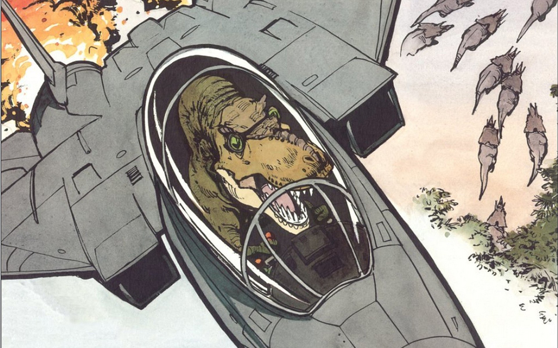 dinosaur pilot in fighter jet