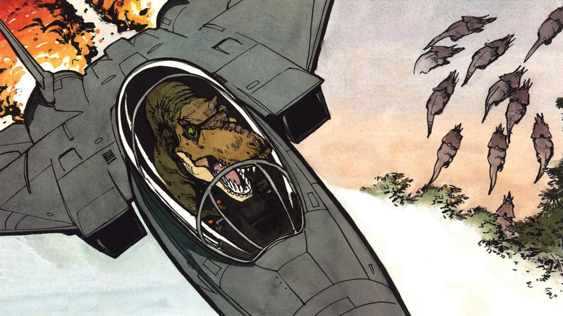 dinosaur pilot in fighter jet