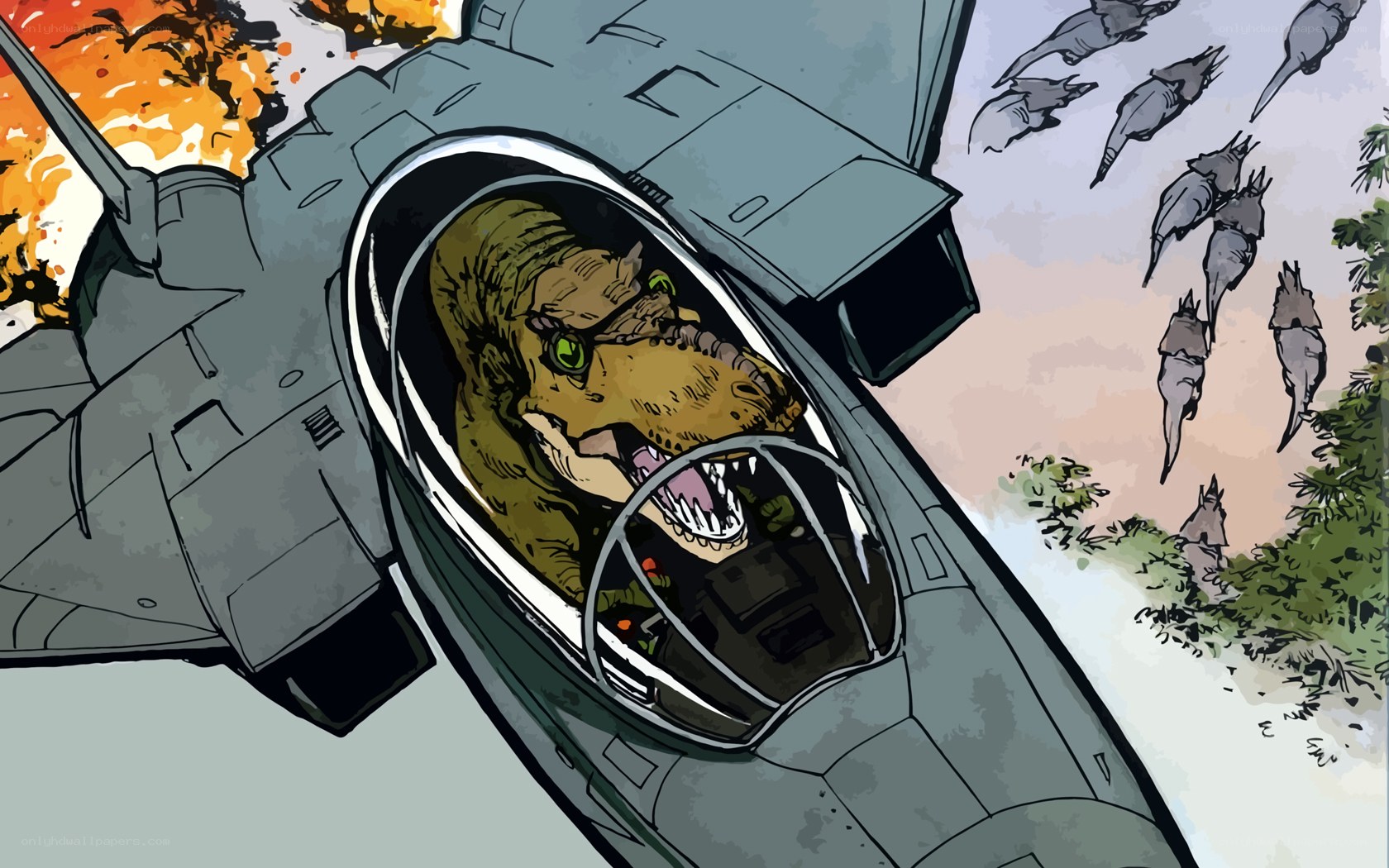 dinosaur pilot in fighter jet