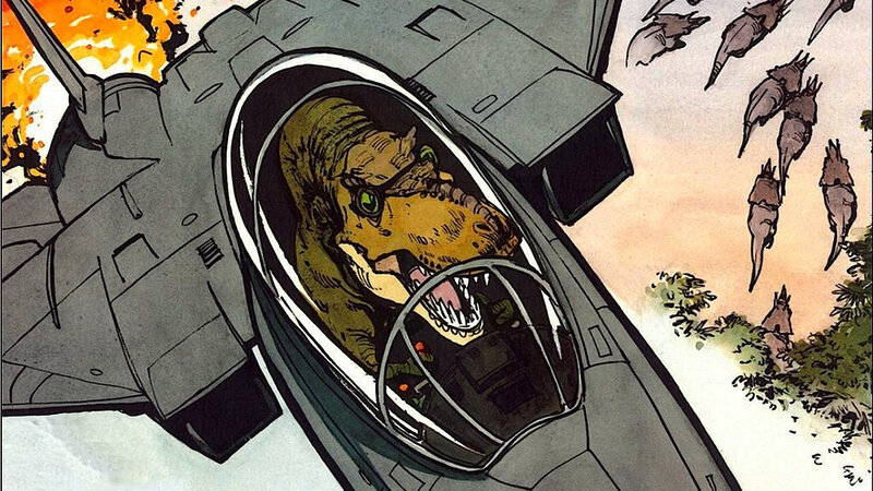 dinosaur pilot in fighter jet
