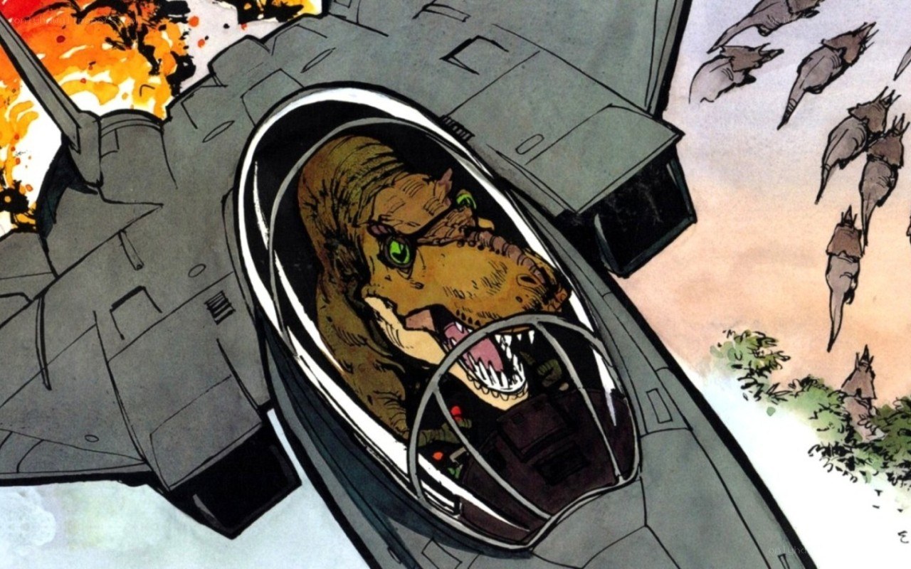 dinosaur pilot in fighter jet