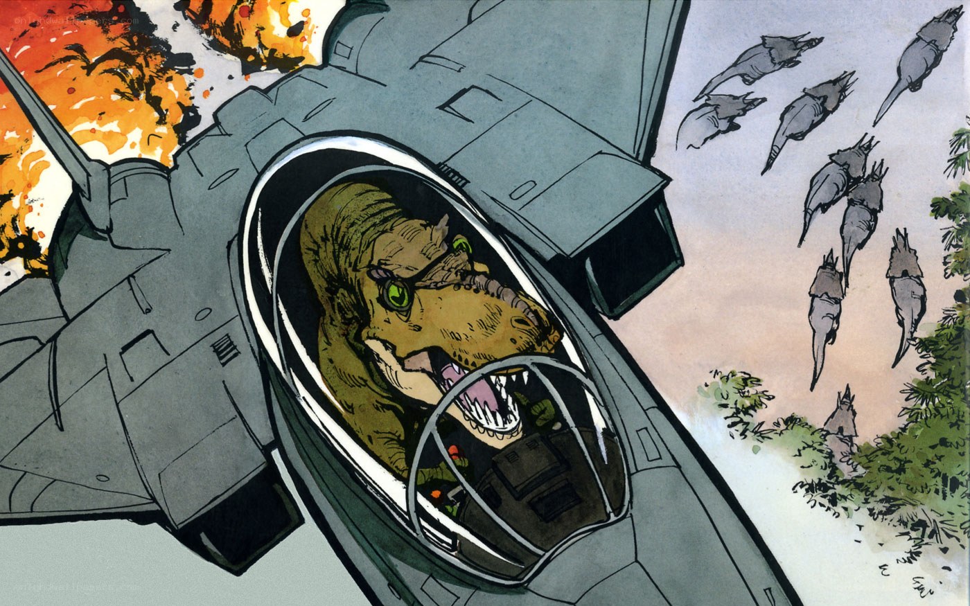 dinosaur pilot in fighter jet