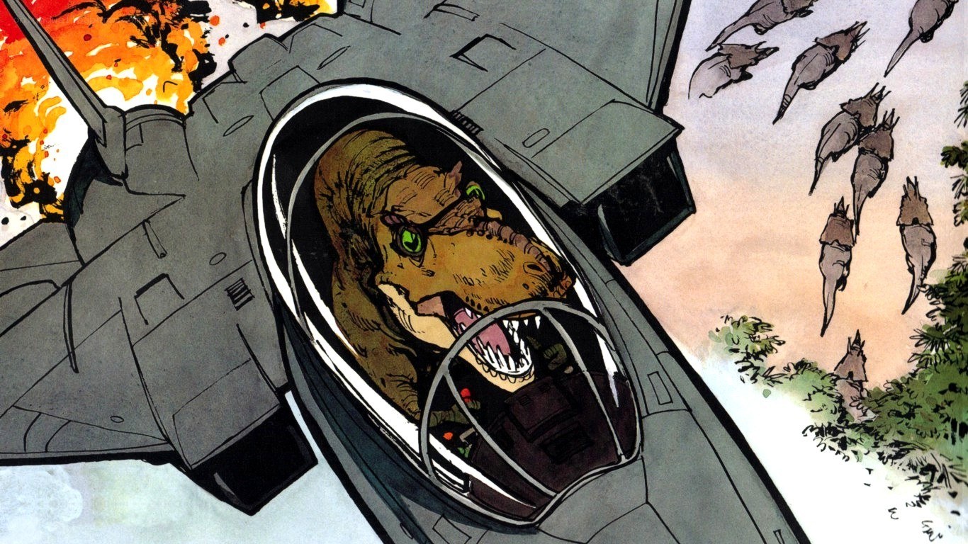 dinosaur pilot in fighter jet