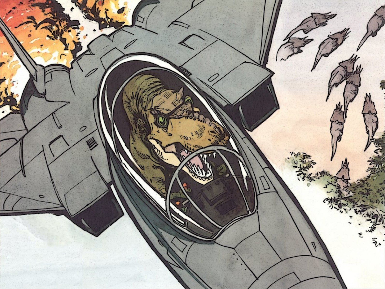 dinosaur pilot in fighter jet