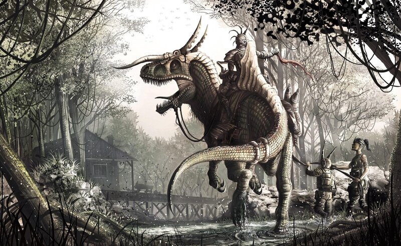 Dinosaur riders in a misty forest