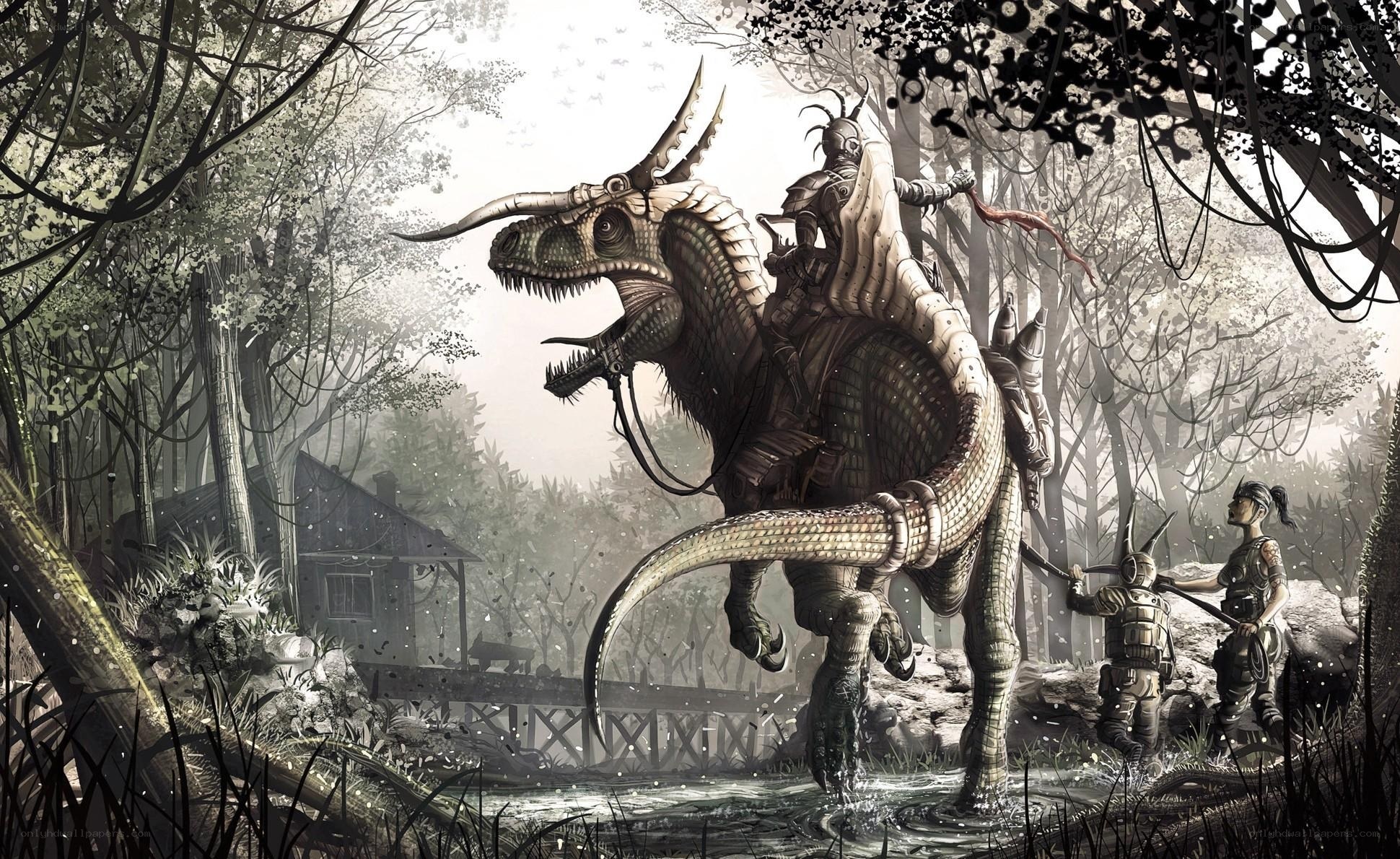 Dinosaur riders in a misty forest