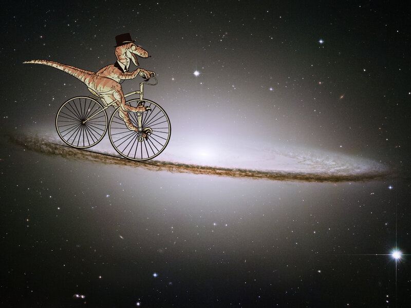 dinosaur riding bicycle in space
