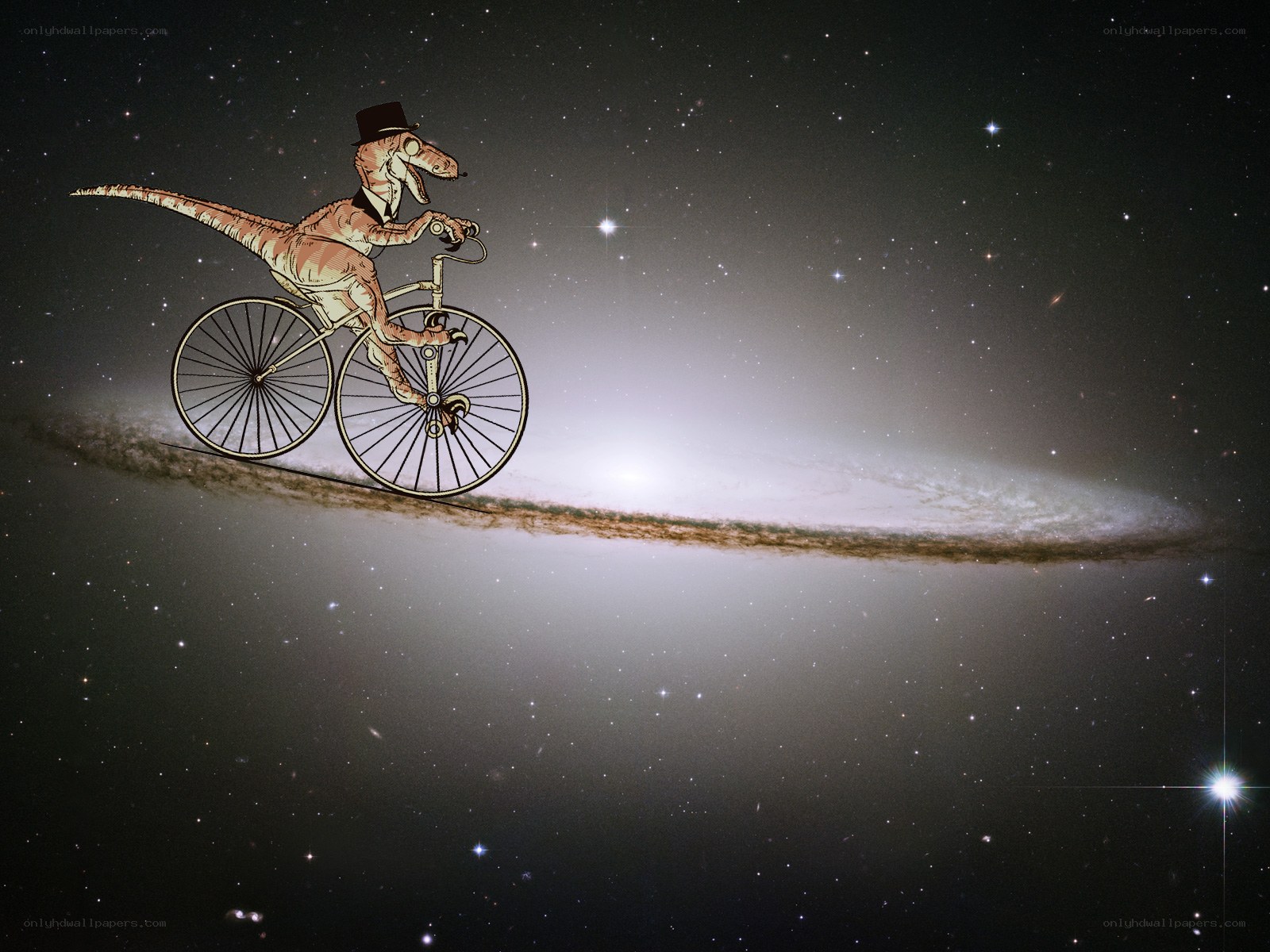 dinosaur riding bicycle in space