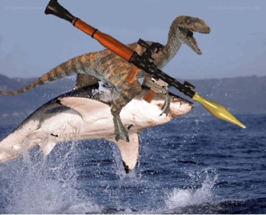 dinosaur riding shark with rocket launcher