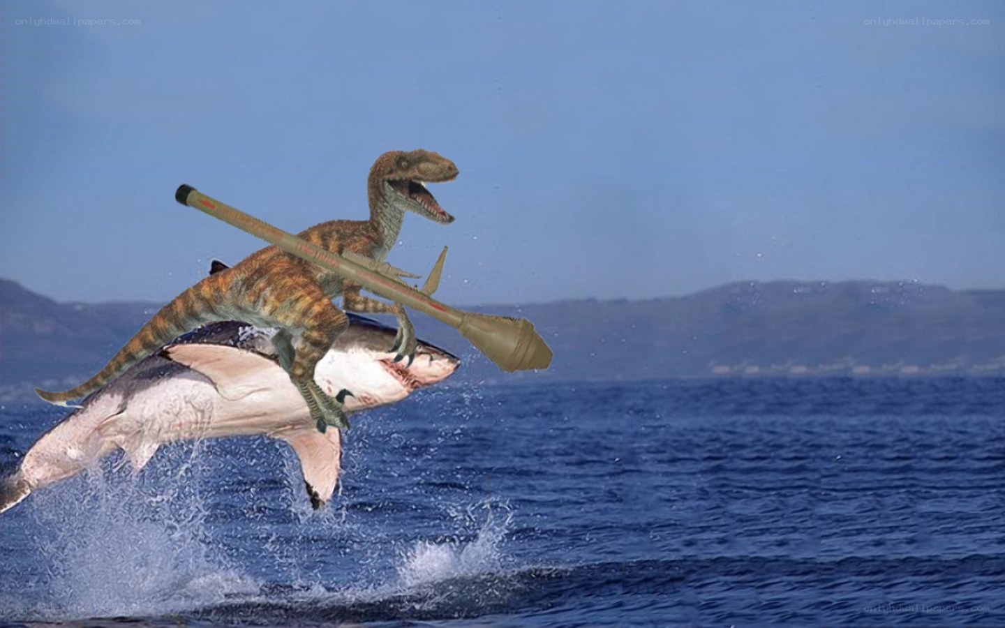 dinosaur riding shark