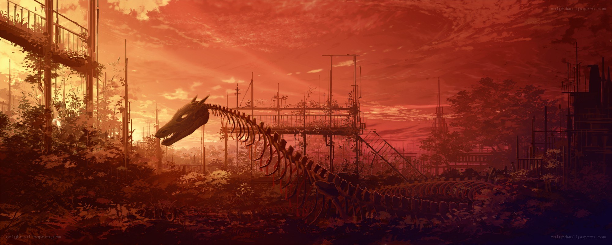Dinosaur skeleton in a ruined city