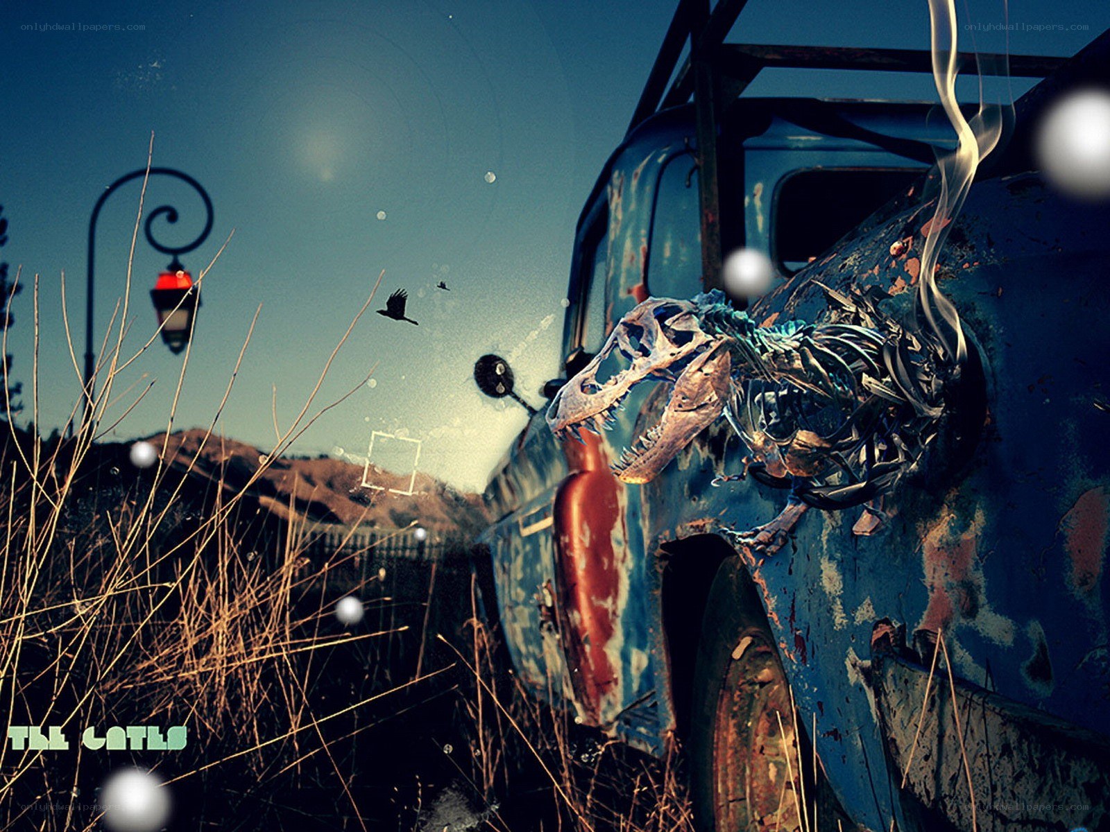 Dinosaur skeleton in a wrecked car