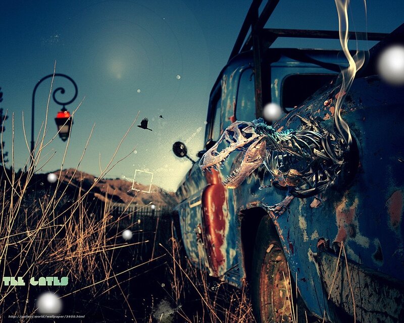 Dinosaur skeleton in abandoned car