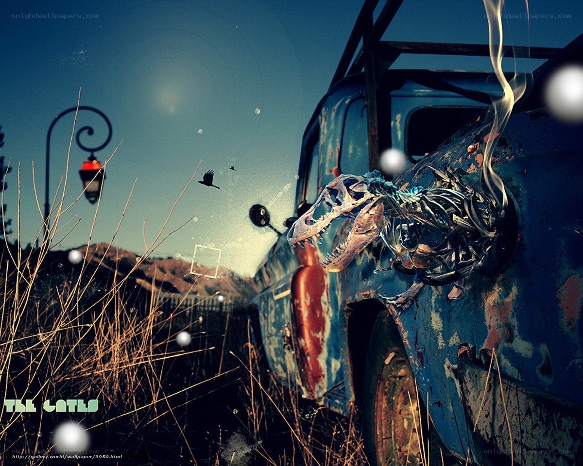 Dinosaur skeleton in abandoned car