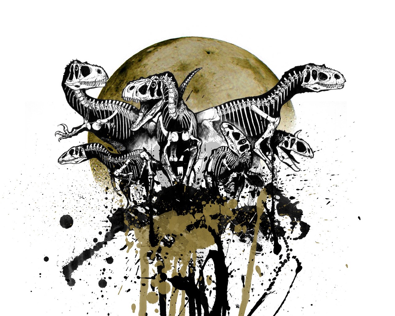 Dinosaur skeletons in ink splatter